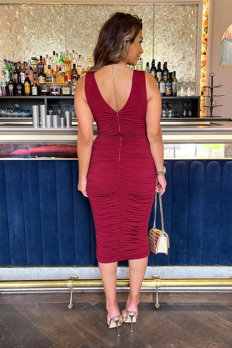 Wine V Neck Ruched Bodycon Midi Dress - Swimclubus
