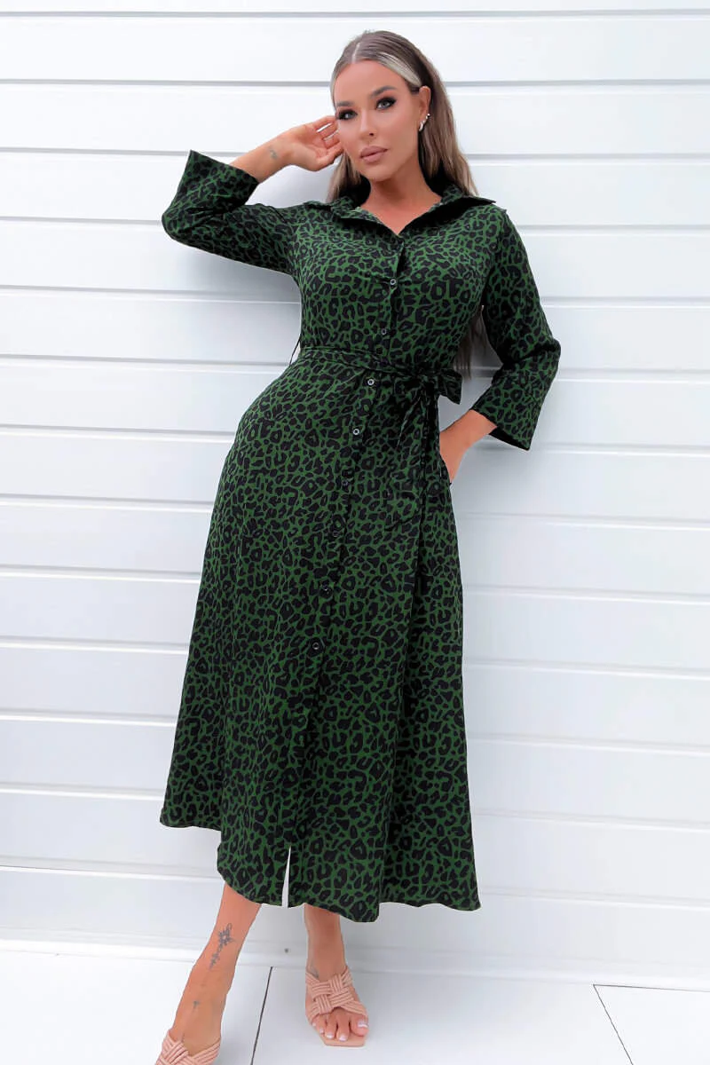 Green Animal Print Belted Midi Shirt Dress - Swimclubus