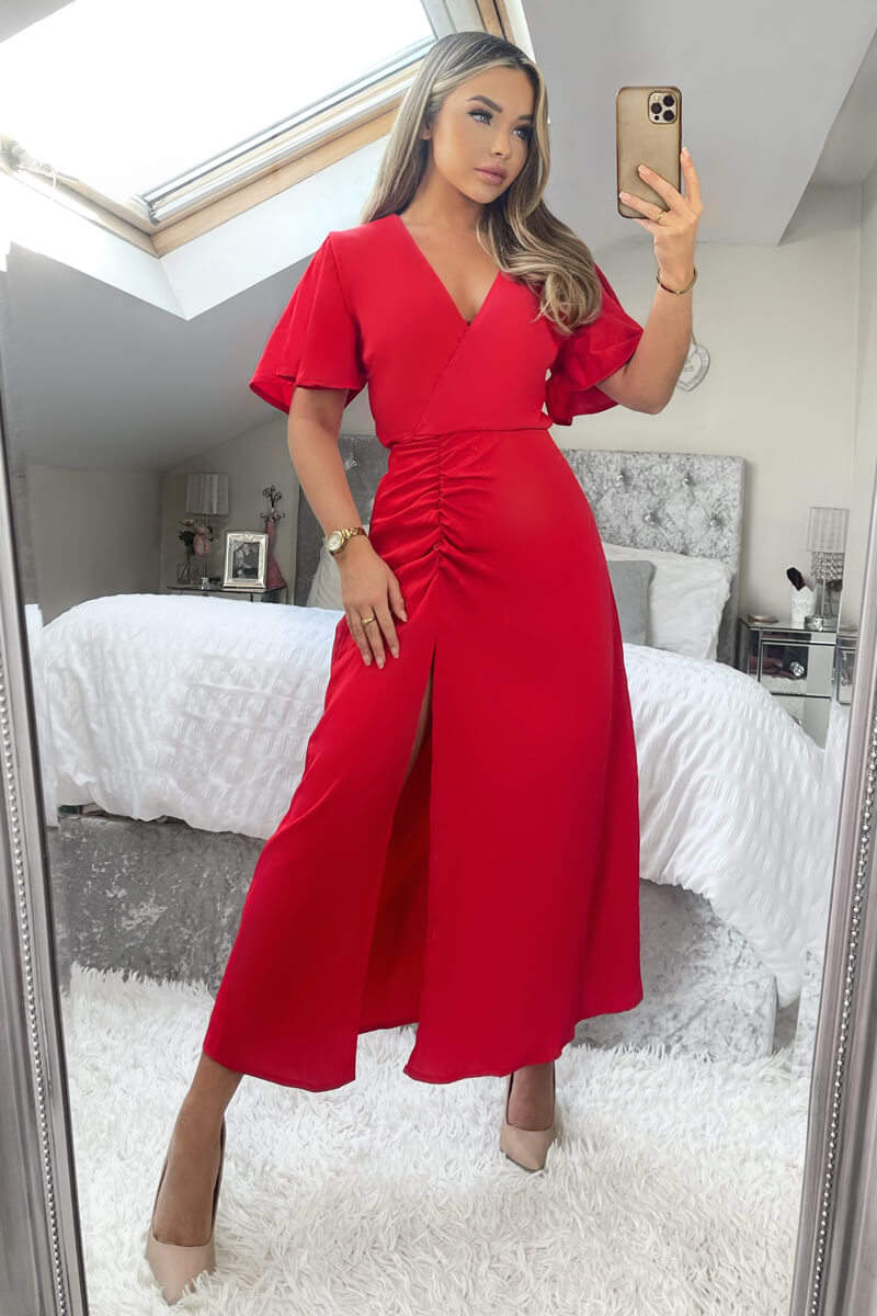 Red Ruched Split Leg Midi Dress - Swimclubus