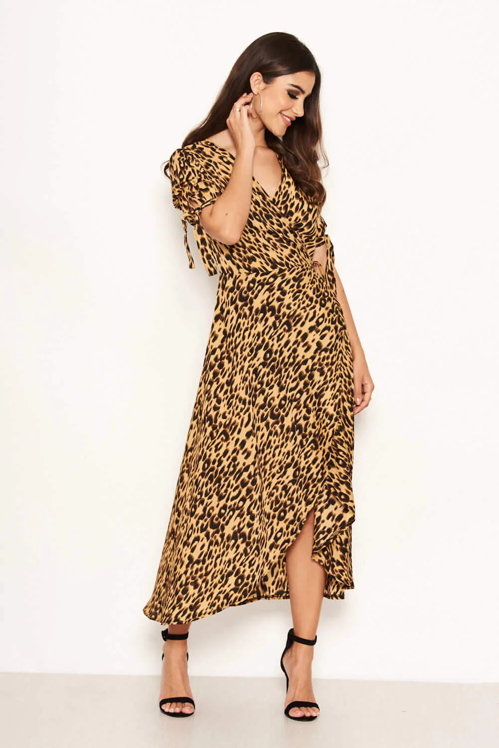 Leopard Print Tie Waist Wrap Midi Dress - Swimclubus