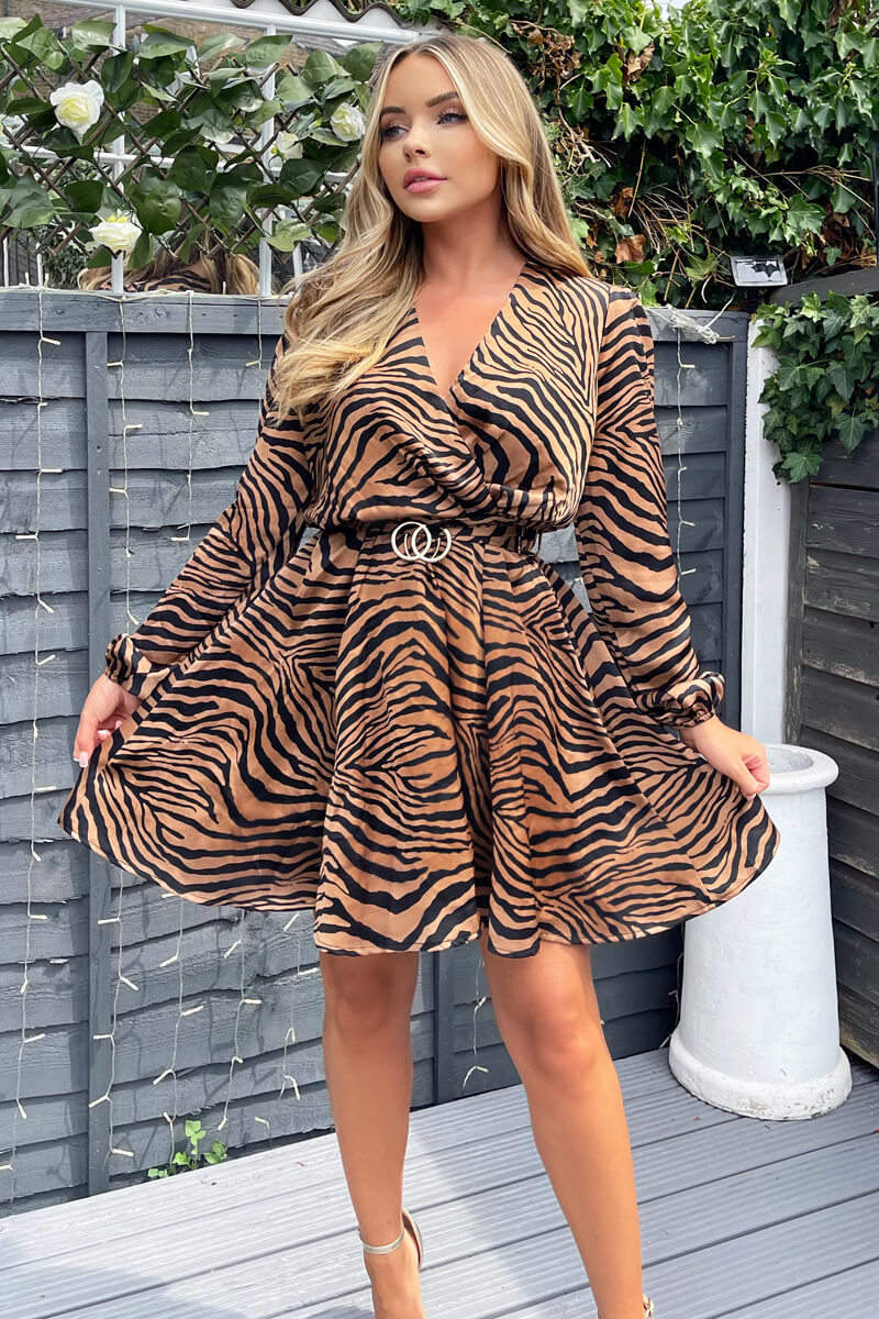Camel Zebra Print Wrap Skater Dress - Swimclubus