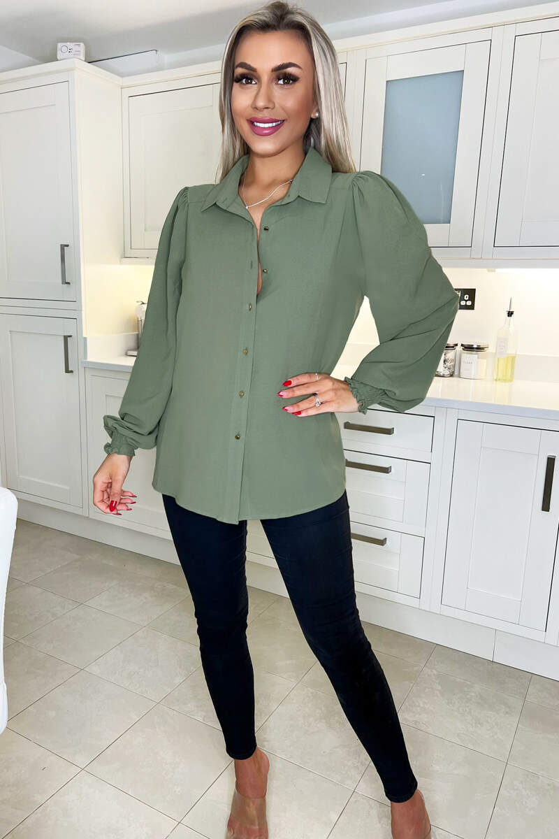 Khaki Gold Button Up Elasticated Cuff Shirt - Swimclubus