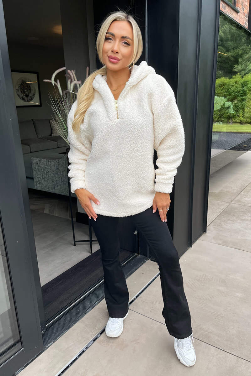 Cream 1/4 Zip Teddy Hoodie - Swimclubus