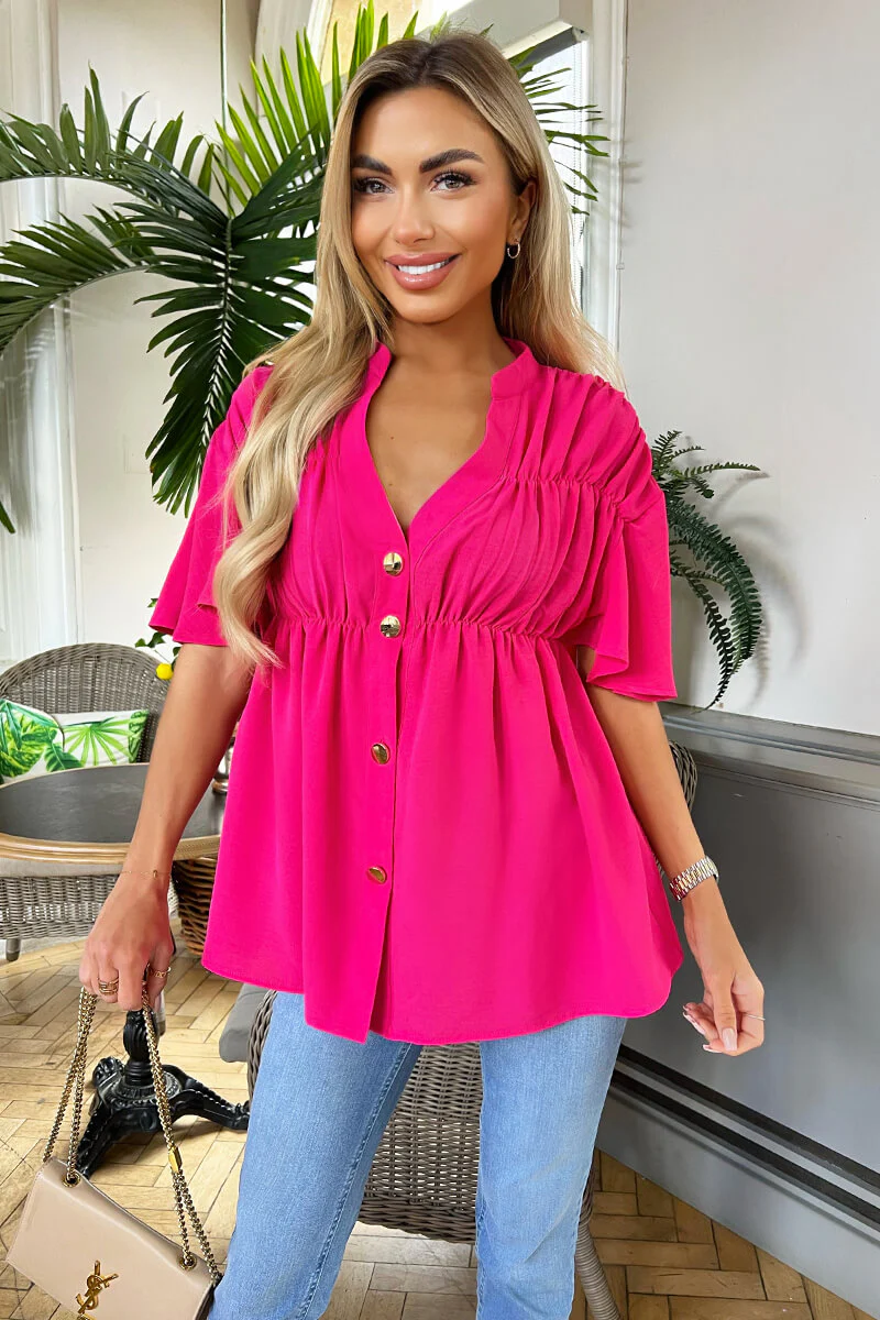 Hot Pink Button Up Ruched Detail Smock V-Neck Top - Swimclubus