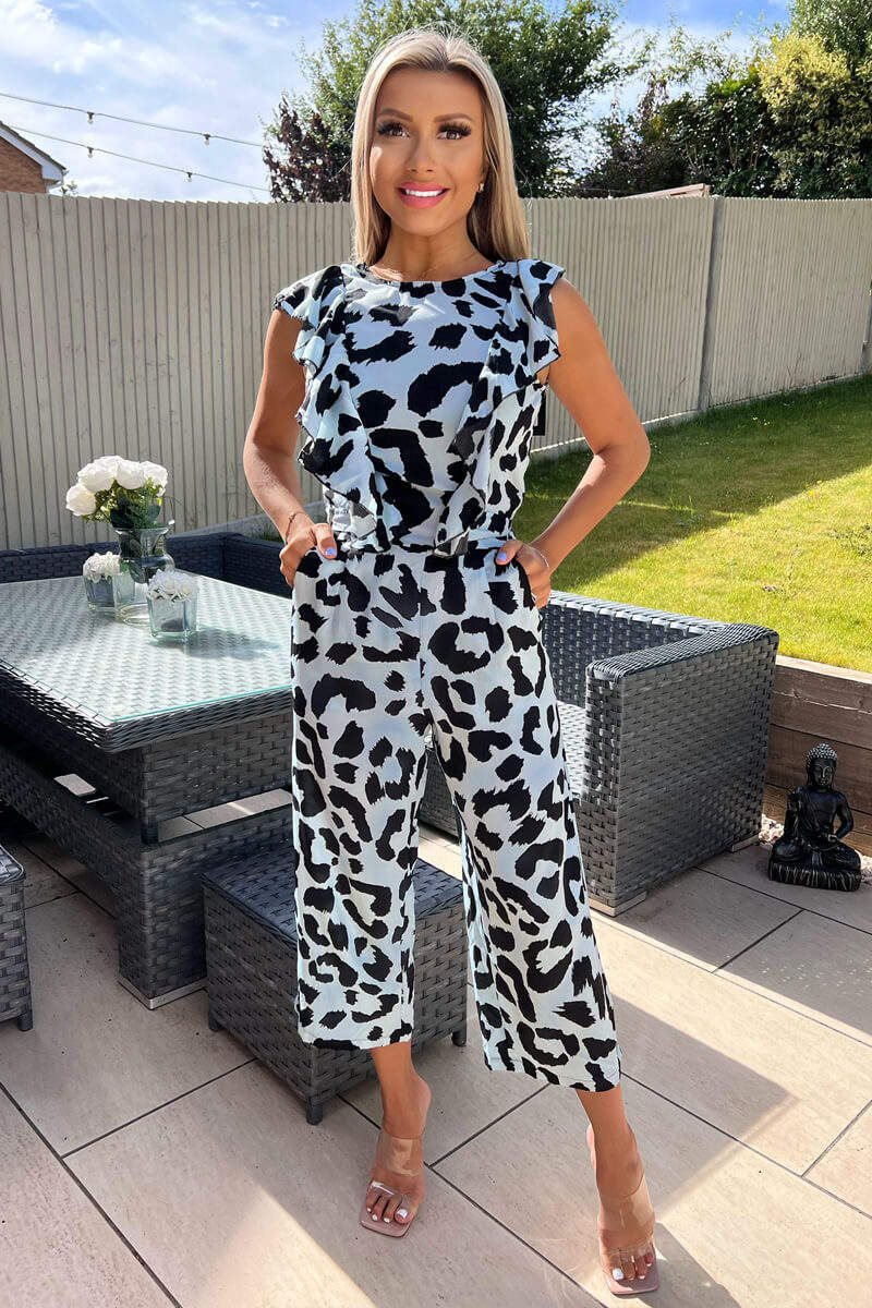 Blue Animal Print Frill Front Jumpsuit - Swimclubus