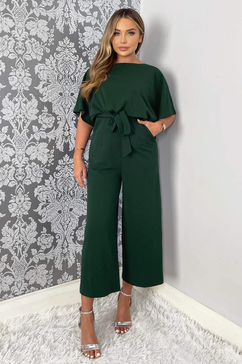 Teal Tie Waist Short Sleeve Culotte Jumpsuit - Swimclubus