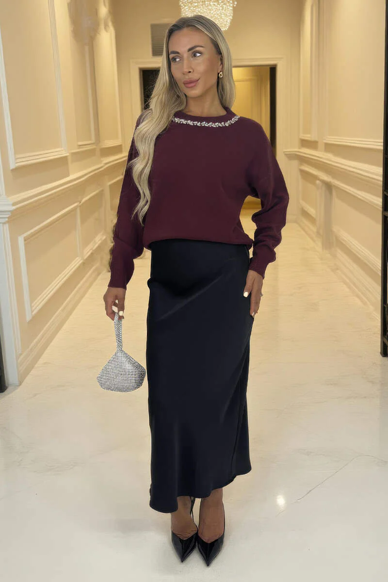 Burgundy Jewel Embellished Neck Jumper - Swimclubus