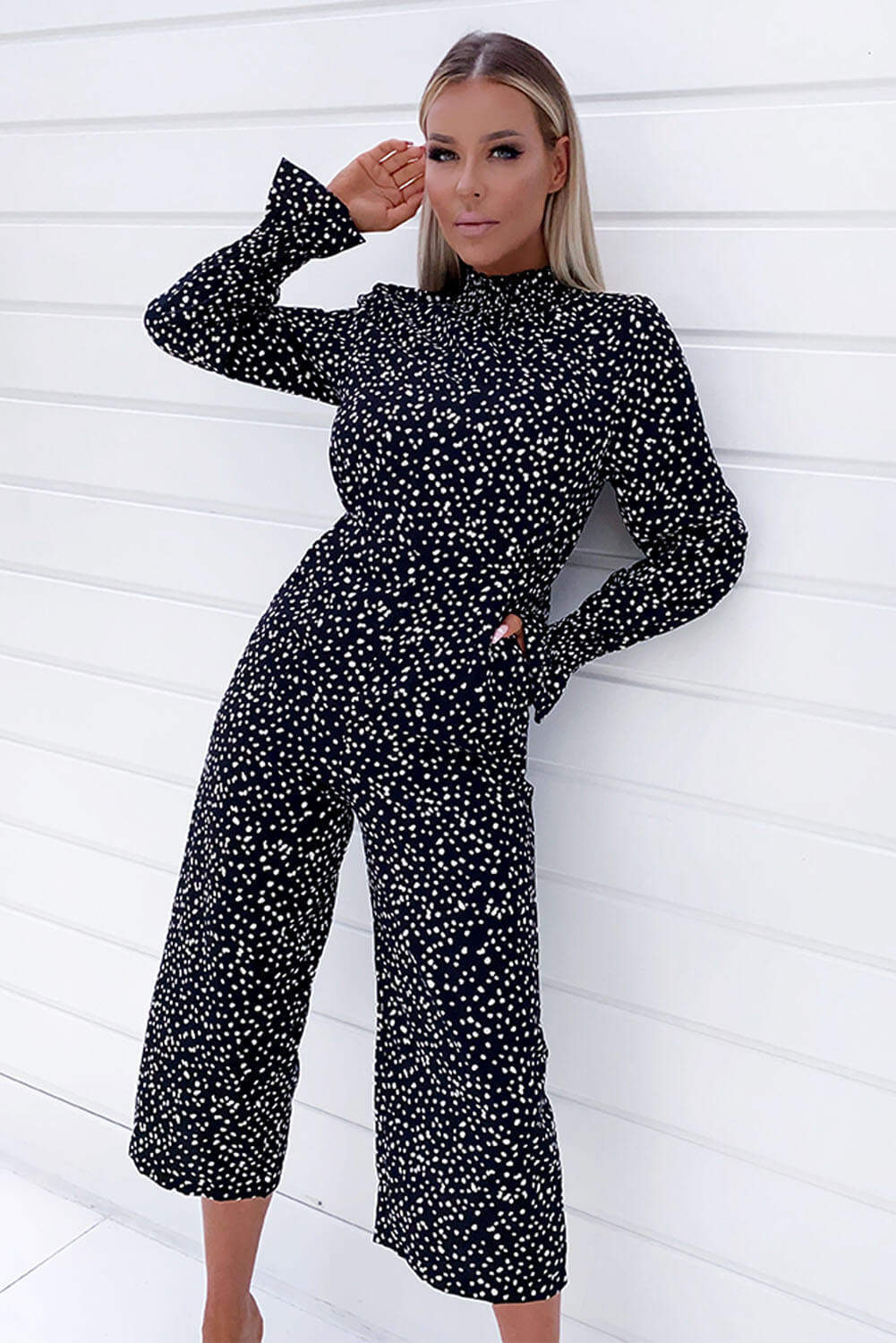 Black Spotty High Neck Elastic Jumpsuit - Swimclubus
