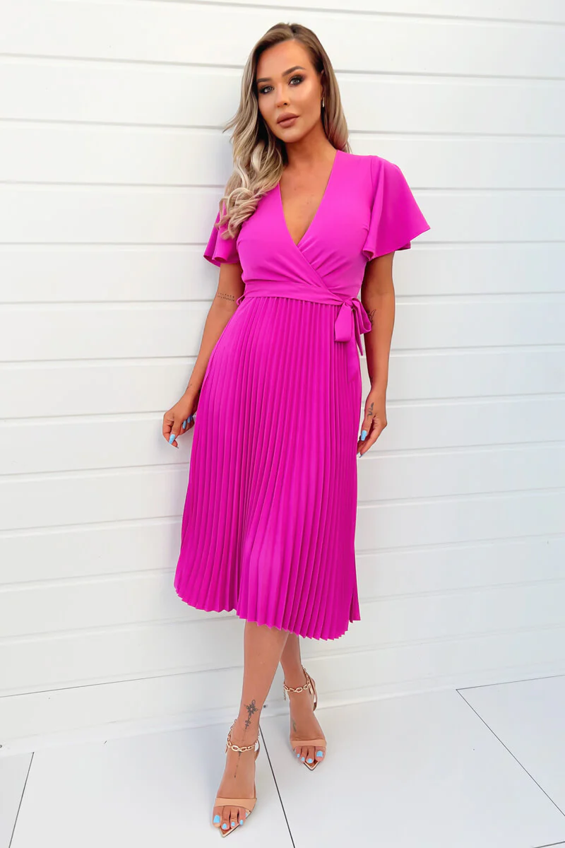 Hot Pink Pleated Midi Dress with Tie Waist - Swimclubus