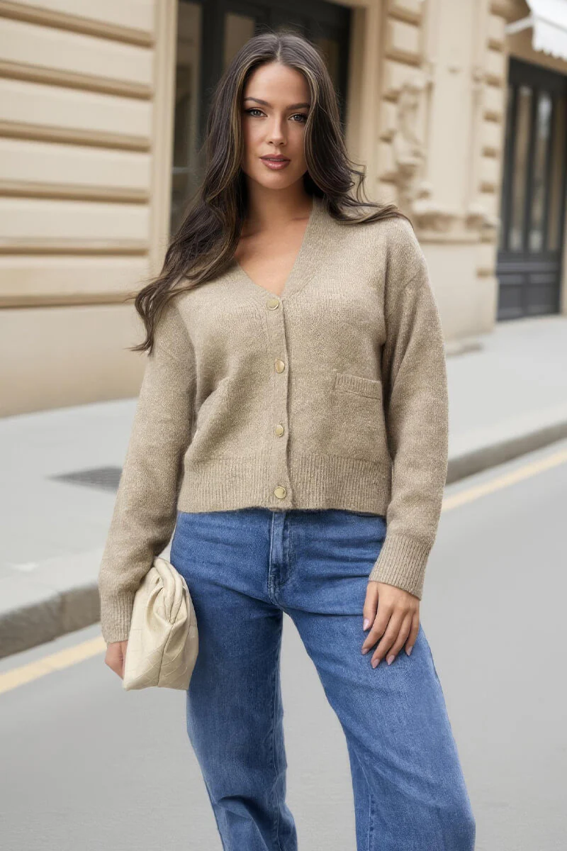 Oatmeal Pocket Detail Knitted Cardigan - Swimclubus