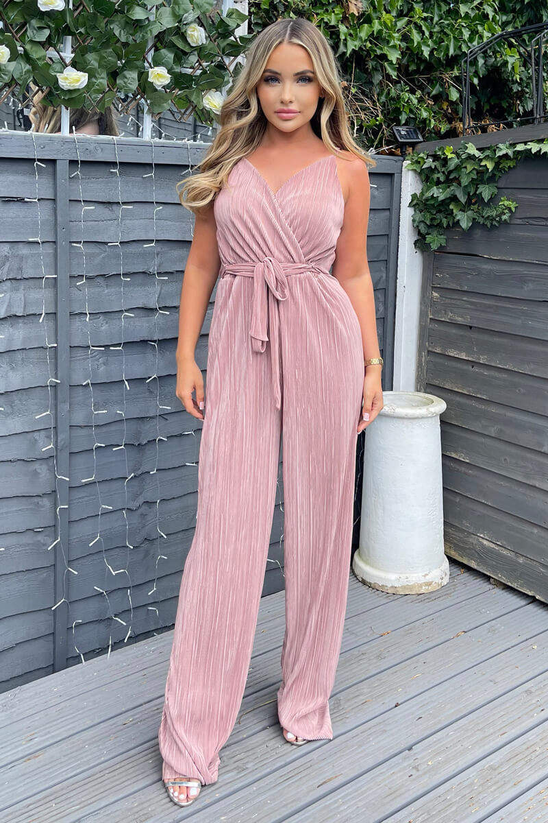 Champagne Wrap Top Tie Waist Full Length Plisse Jumpsuit - Swimclubus