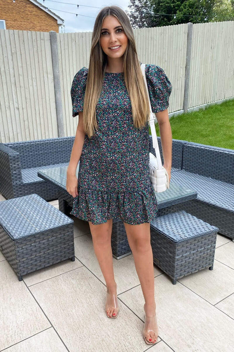Multi Ditsy Floral Puff Sleeve Smock Dress - Swimclubus