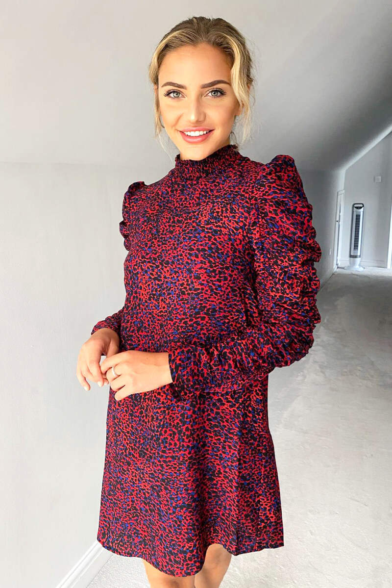 Red Printed Ruched Sleeve Dress - Swimclubus