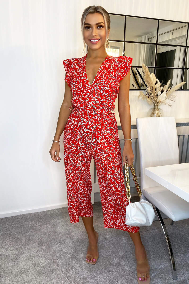 Red Floral Print Wrap Front Belted Jumpsuit - Swimclubus