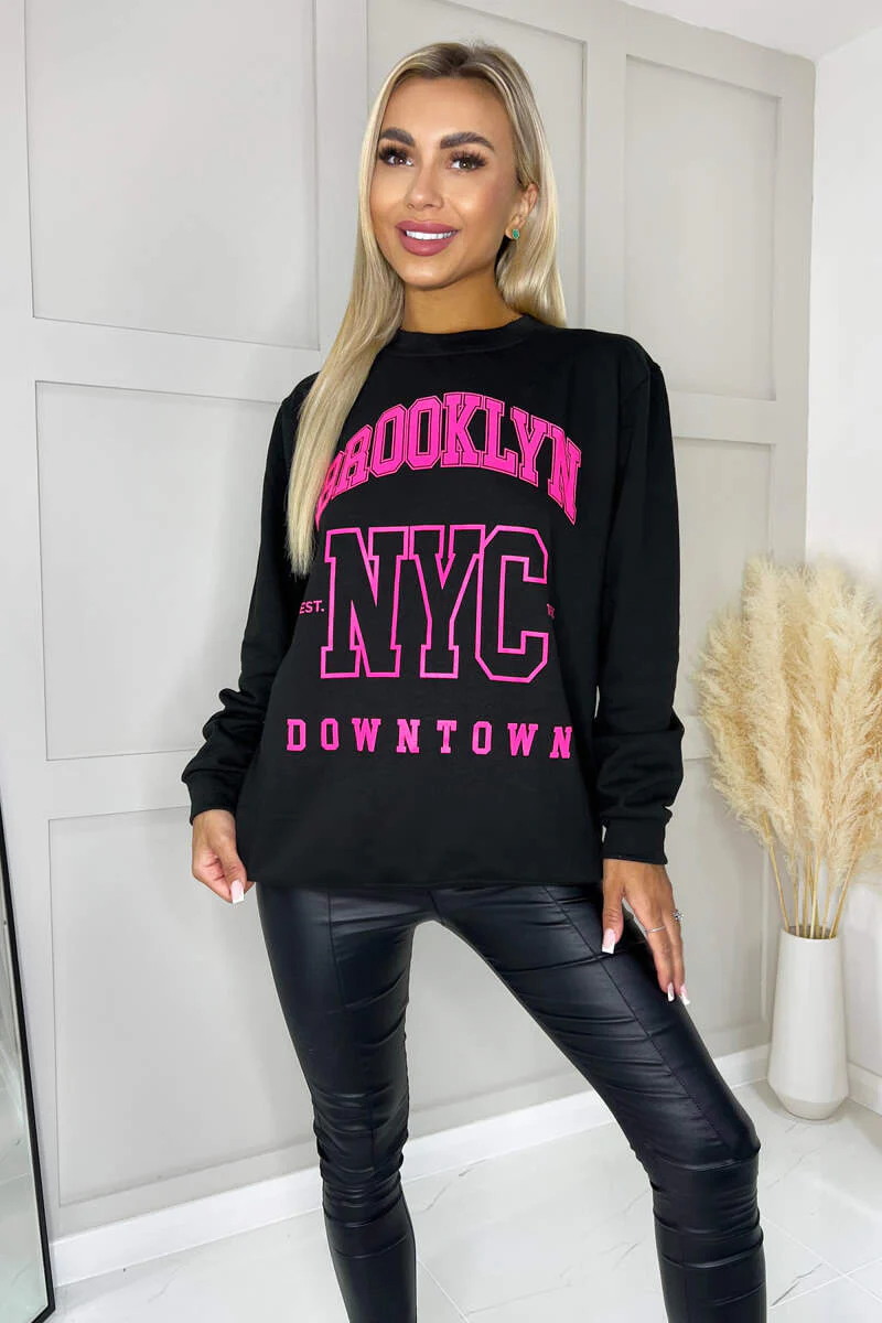 Black Brooklyn Slogan Sweatshirt - Swimclubus