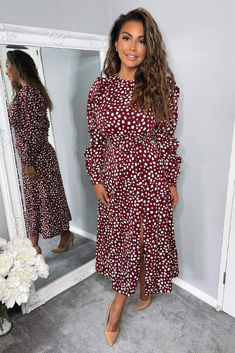 Plum Printed Pleated Sleeve Midi Dress - Swimclubus