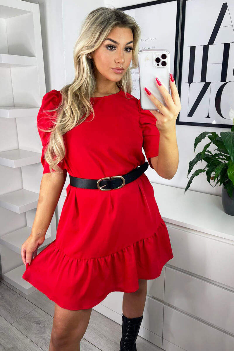 Red Ruffle Sleeve Shift Dress - Swimclubus