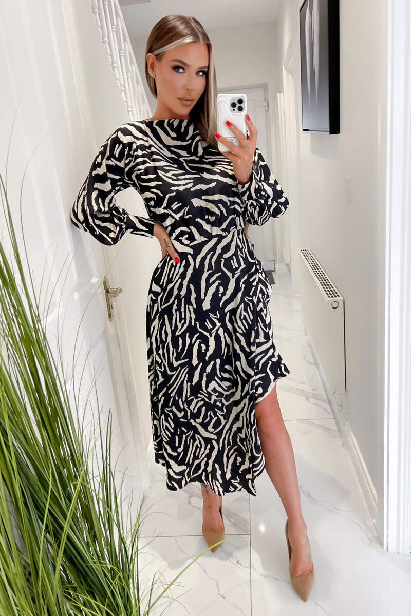 Black Animal Print High Low Skirt Midi Dress - Swimclubus