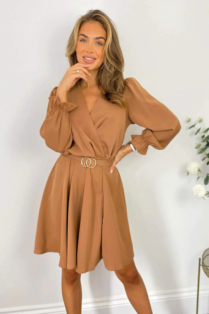 Camel Wrap Over Belted Skater Dress - Swimclubus