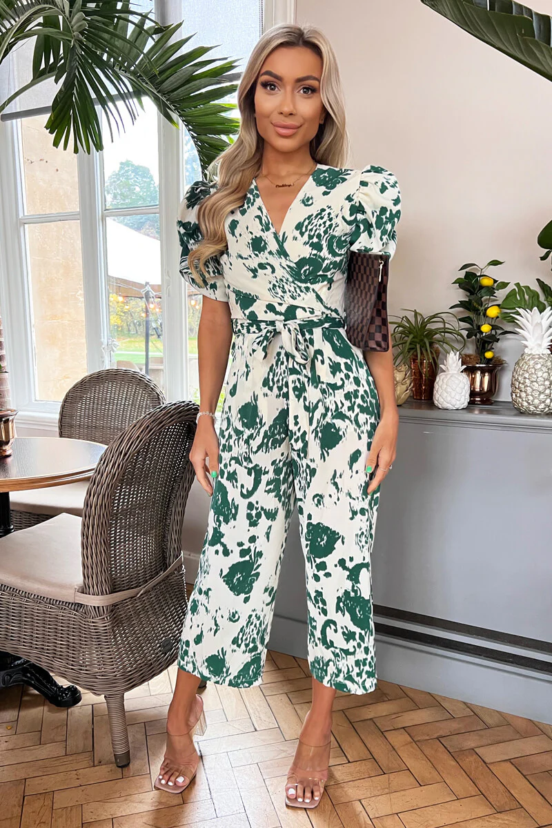 Cream And Green Printed Wrap Over Tie Waist Jumpsuit - Swimclubus