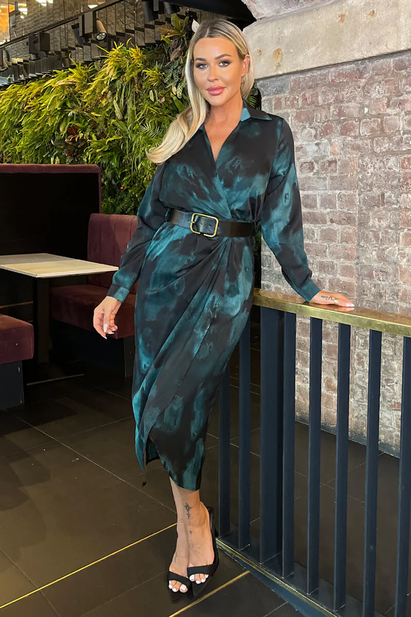 Teal And Black Smudge Print Belted Wrap Midi Shirt Dress - Swimclubus