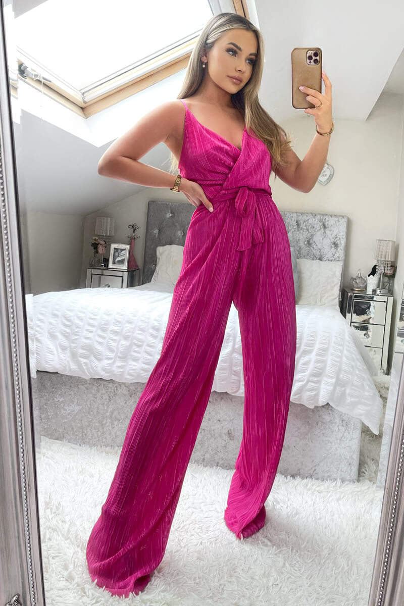 Cerise Wrap Top Tie Waist Full Length Plisse Jumpsuit - Swimclubus