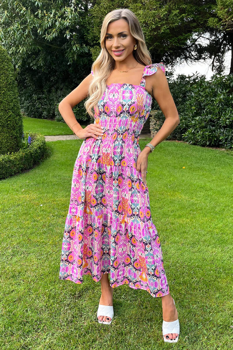 Multi Abstract Printed Frill Strap Midi Dress - Swimclubus
