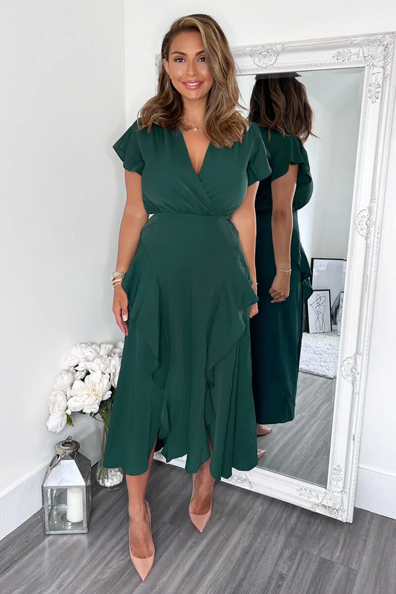 Teal Frill Detail Double Split Skirt Midi Dress - Swimclubus