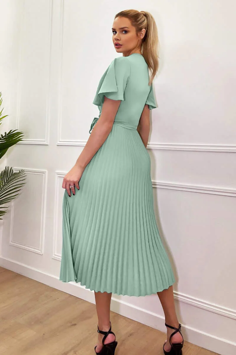 Duck Egg Pleated Midi Dress with Tie Waist - Swimclubus