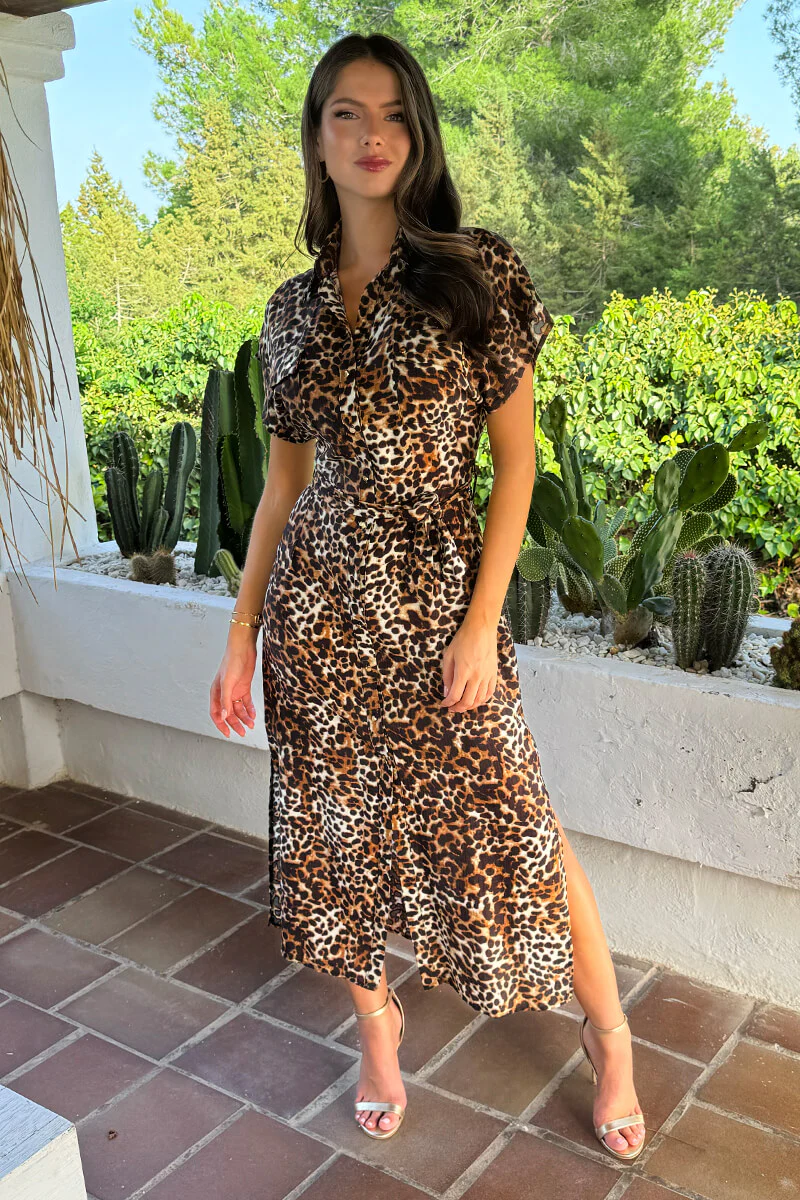 Brown Cheetah Print Short Sleeve Midi Shirt Dress - Swimclubus