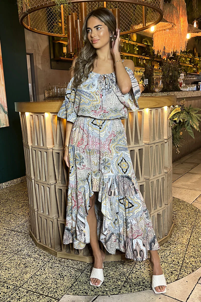 Multi Paisley Printed Cold Shoulder Asymmetric Smock Midi Dress - Swimclubus