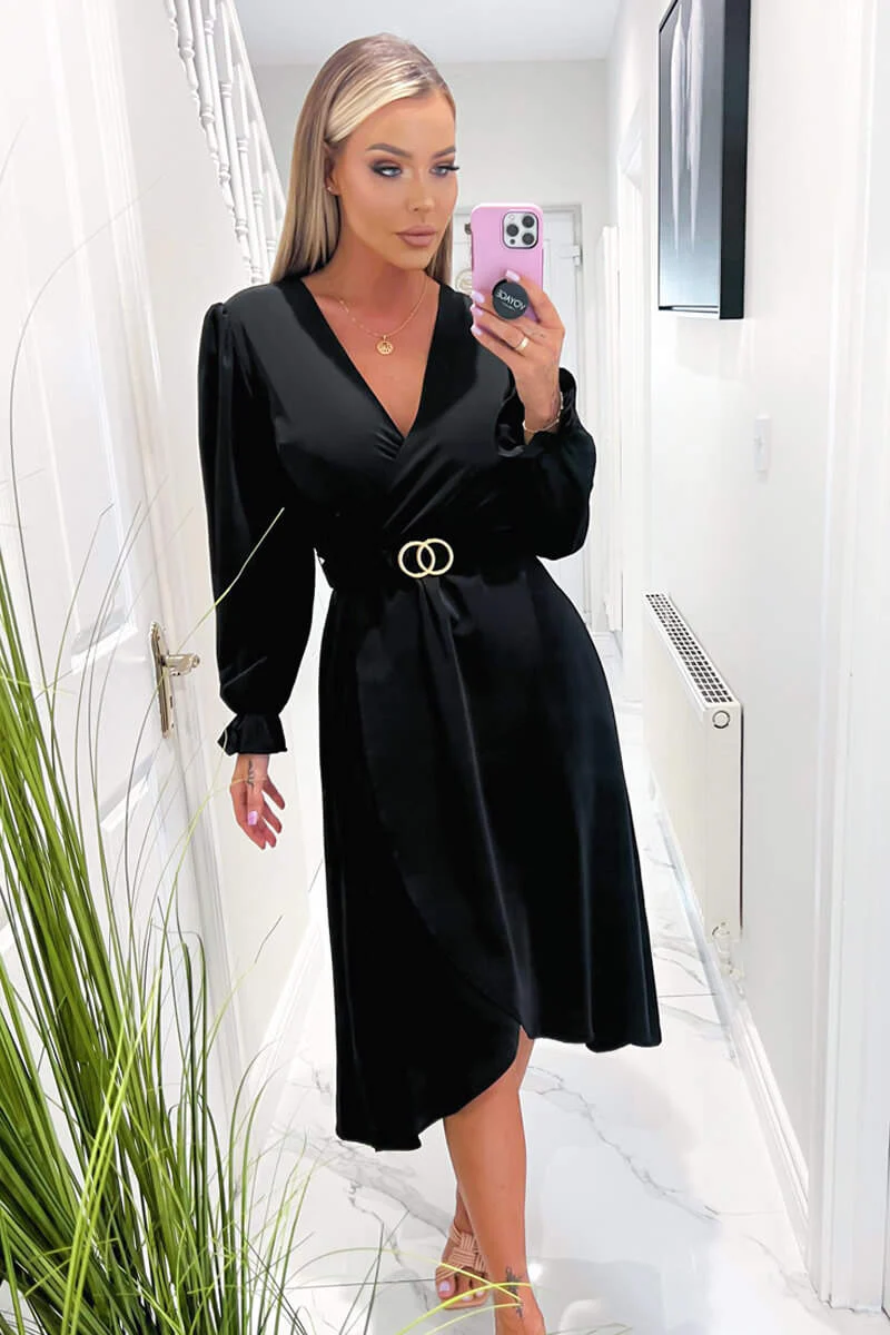 Black Long Sleeve Belted Midi Dress - Swimclubus