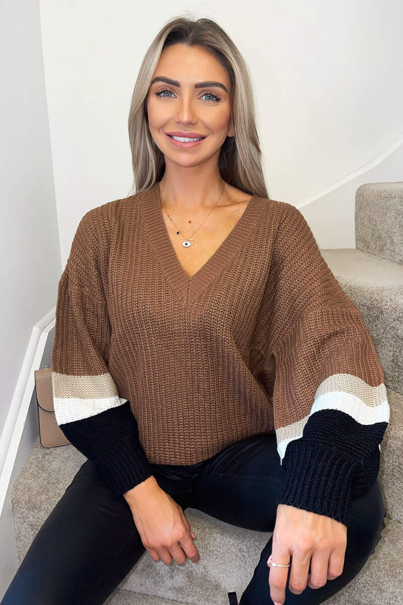 Chocolate Striped Sleeve Knitted Jumper - Swimclubus