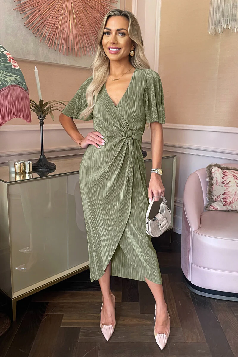Light Khaki Short Sleeve Plisse Wrap Midi Dress - Swimclubus
