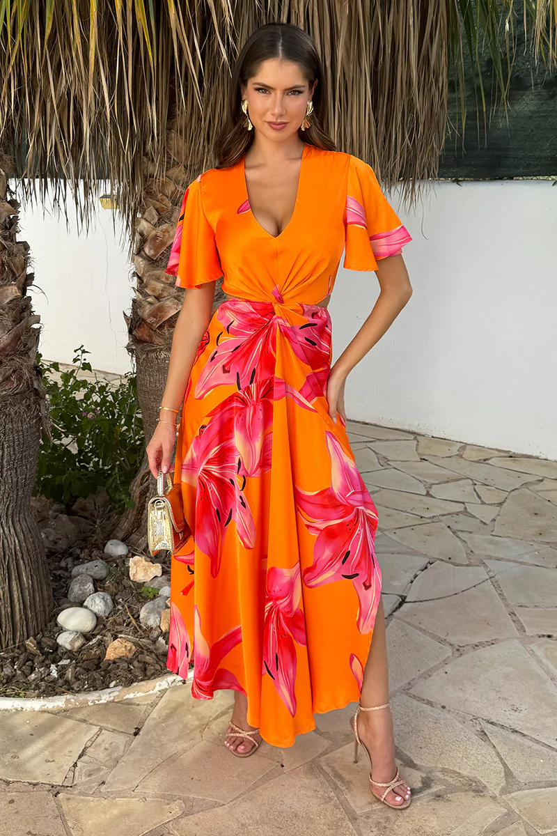 Orange And Pink Floral Print V Neck Cut Out Knot Detail Midi Dress - Swimclubus