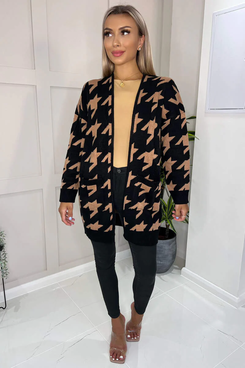Black and Camel Dogtooth Cardigan With Pockets - Swimclubus