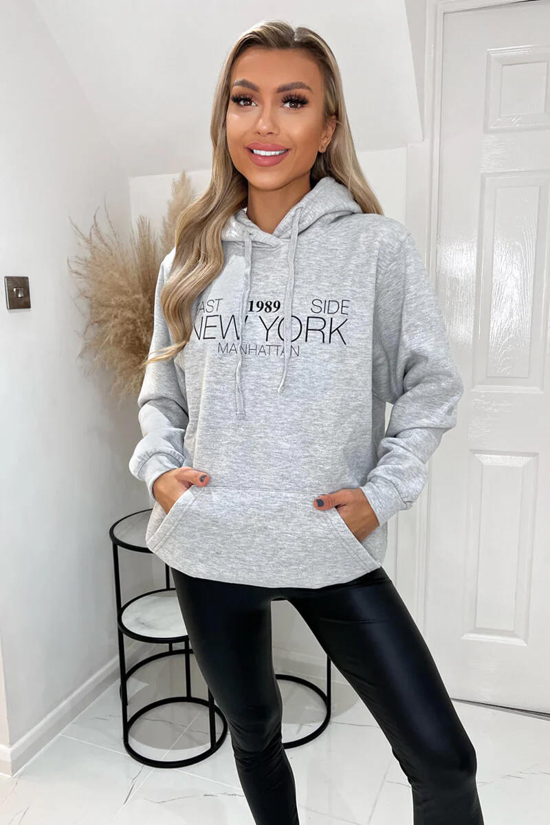 Grey 1989 New York Slogan Hoodie - Swimclubus