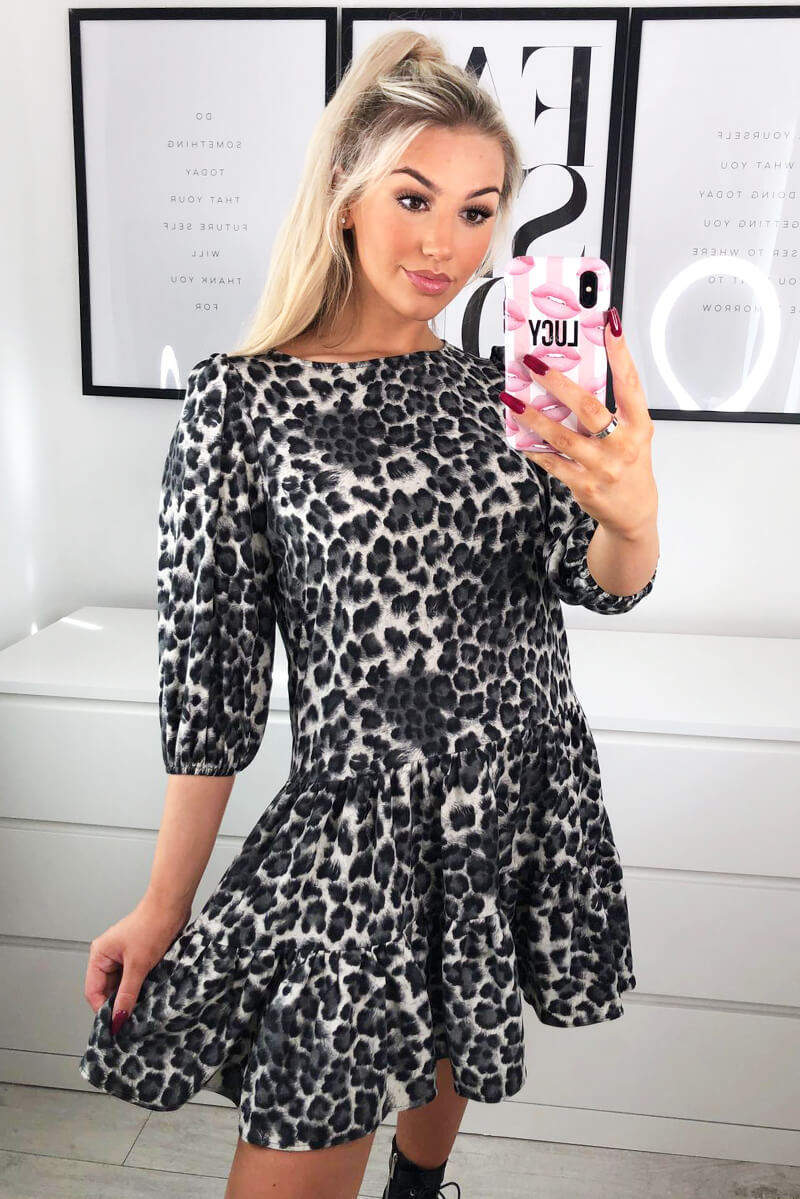 Grey Printed Frill Swing Dress - Swimclubus