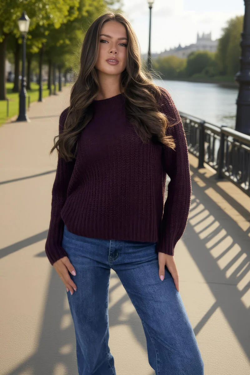 Burgundy Round Neck Knit Jumper - Swimclubus