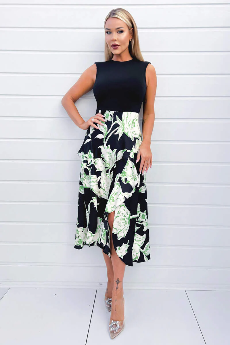Multi Floral 2 In 1 Frill Split Midi Dress - Swimclubus
