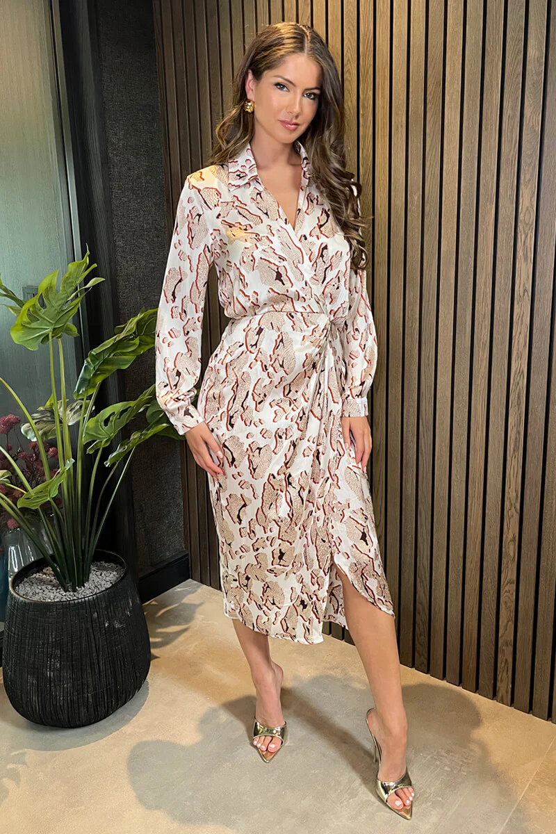 Cream Printed Collared Neck Wrap Midi Dress - Swimclubus