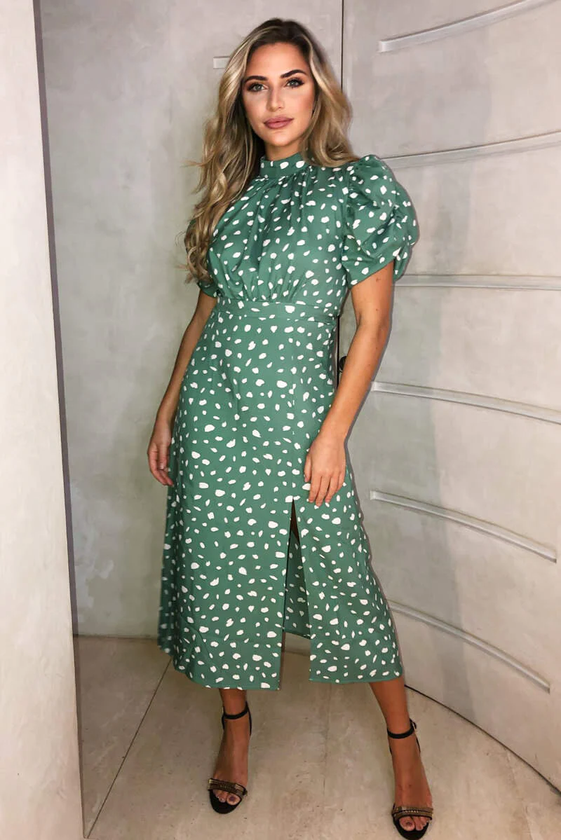 Green Printed Ruched Short Sleeve Midi Dress - Swimclubus