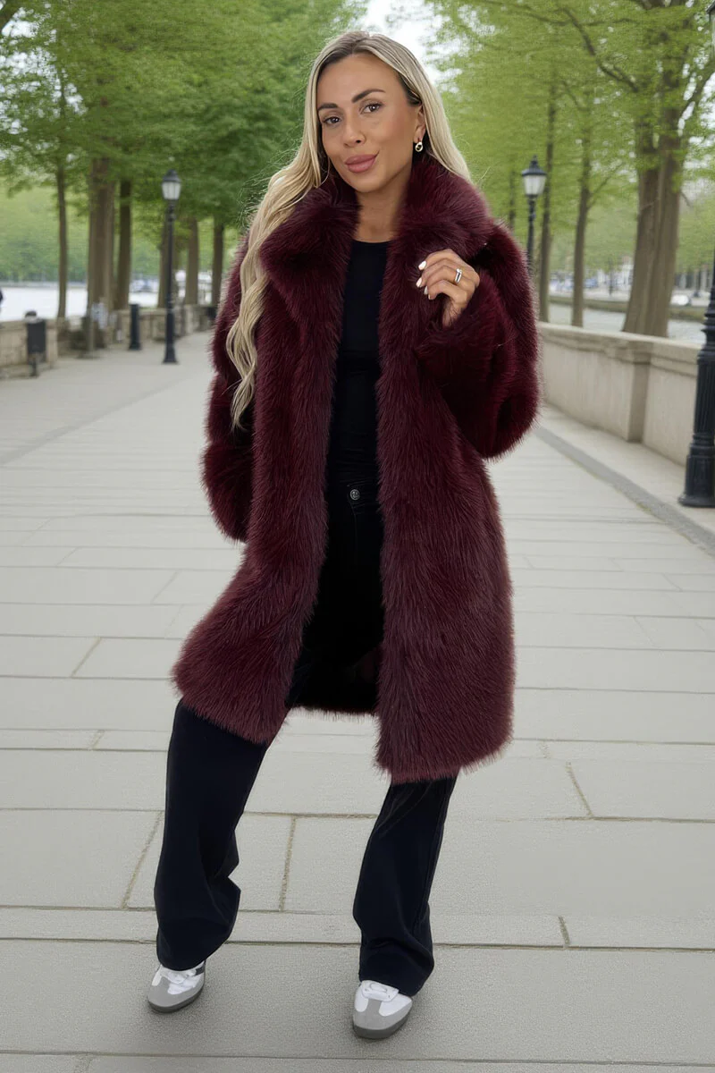 Burgundy Faux Fur Longline Jacket - Swimclubus