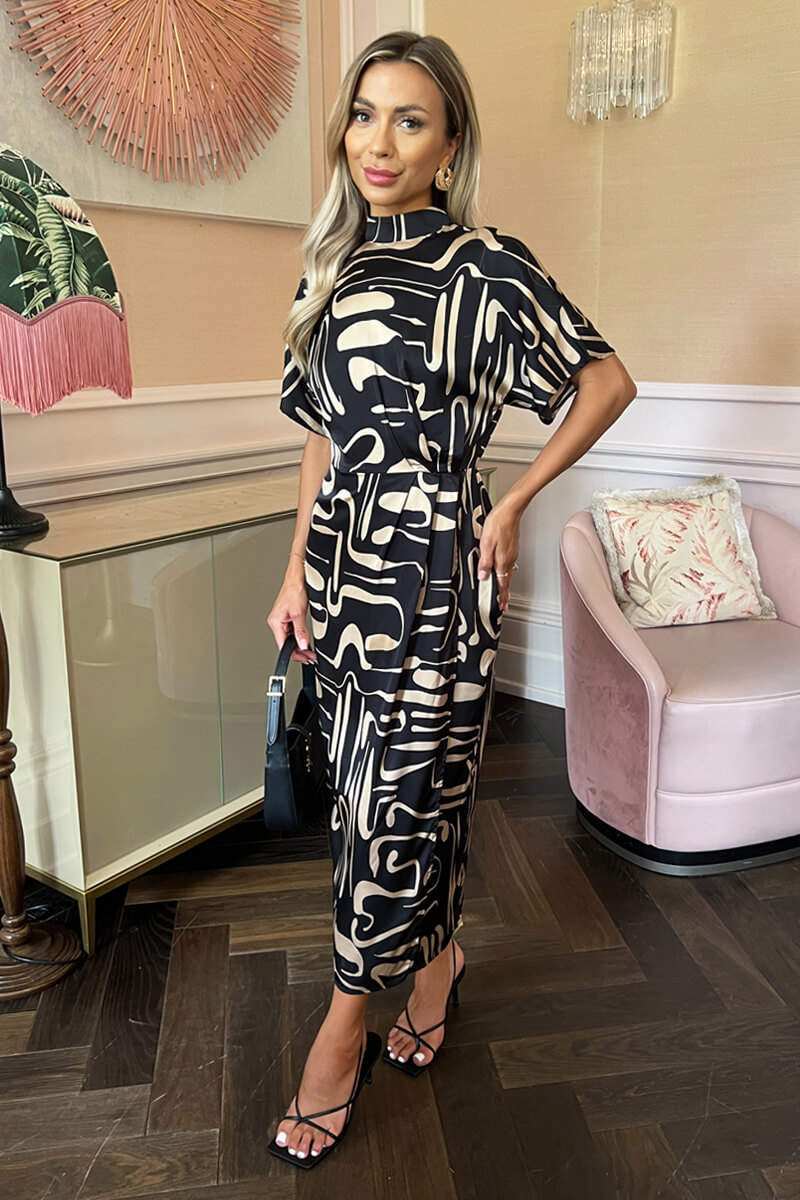 Black Geometric Pattern High Neck Wrap Skirt Midi Dress - Swimclubus