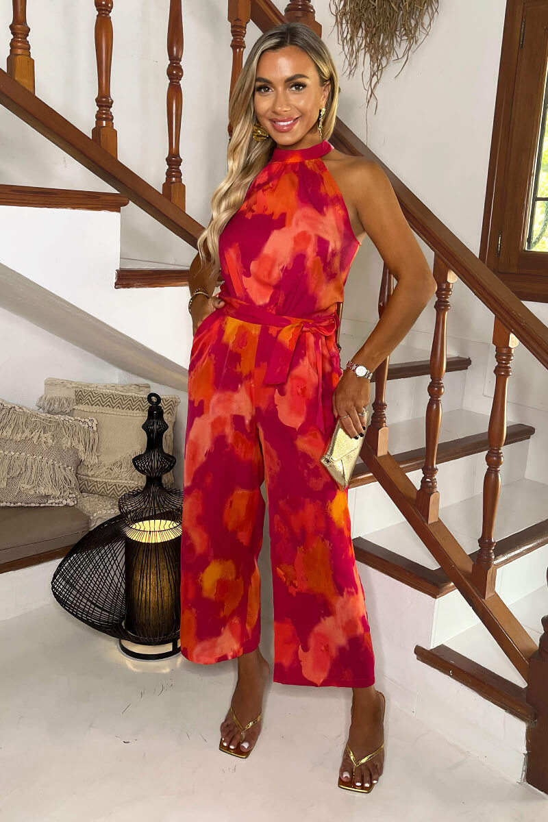 Pink And Orange Smudge Print Halter Neck Tie Waist Jumpsuit - Swimclubus