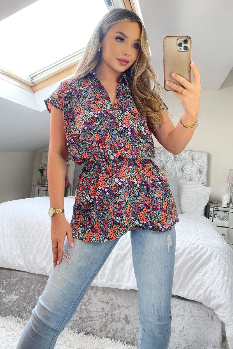 Navy and Orange Floral Print Wrap Top - Swimclubus