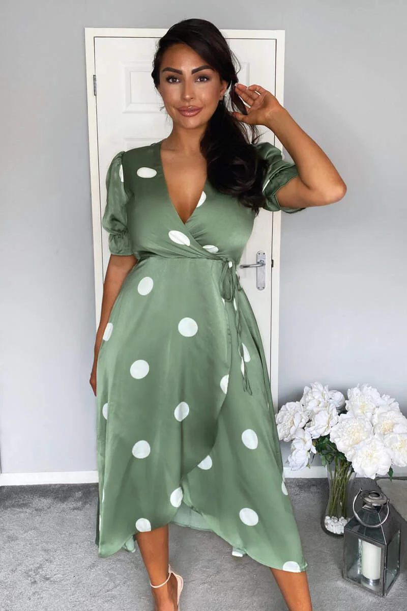 Green Dot Print Wrap Over Midi Dress - Swimclubus