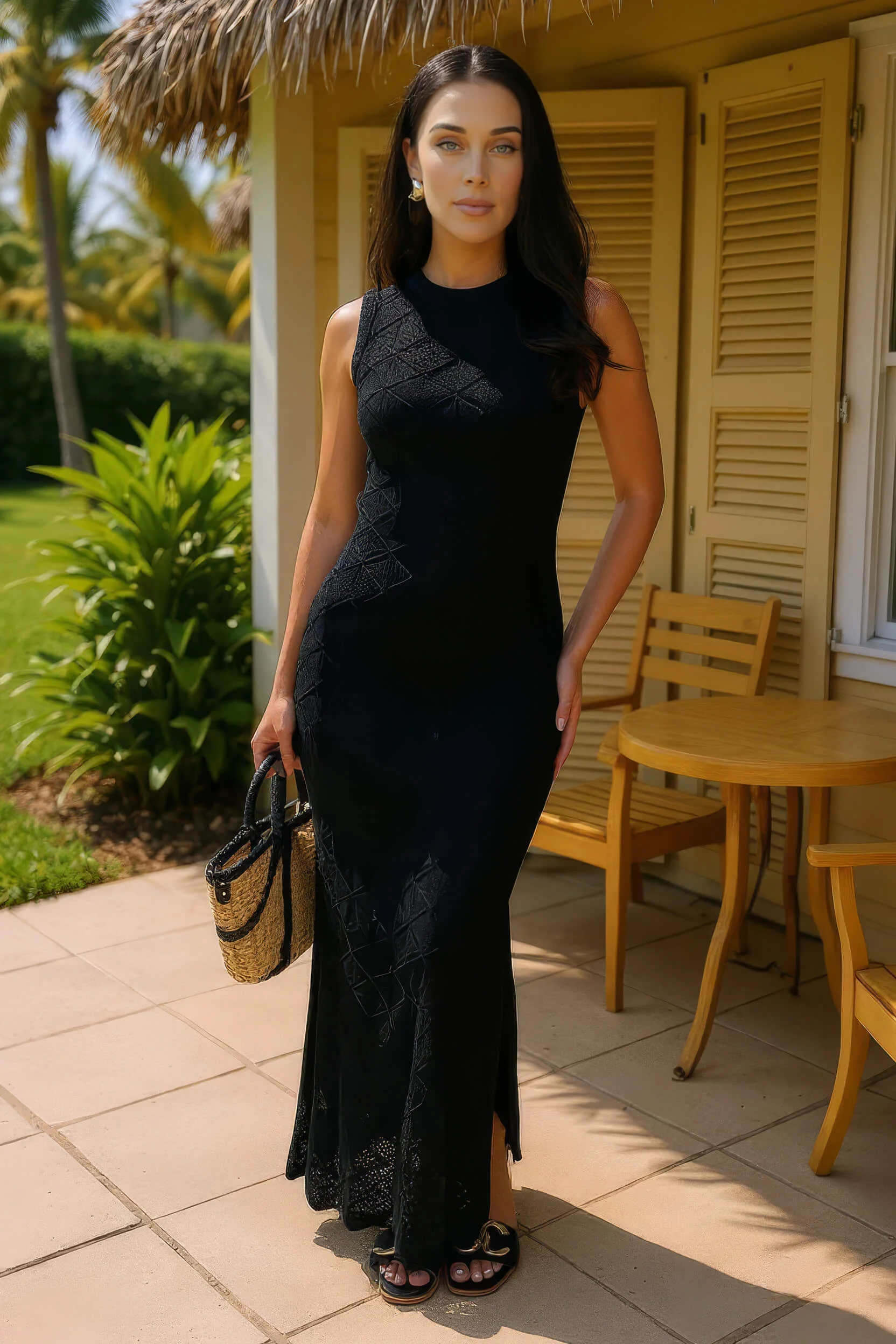 Black Crochet Knit Split Leg Midi Dress - Swimclubus