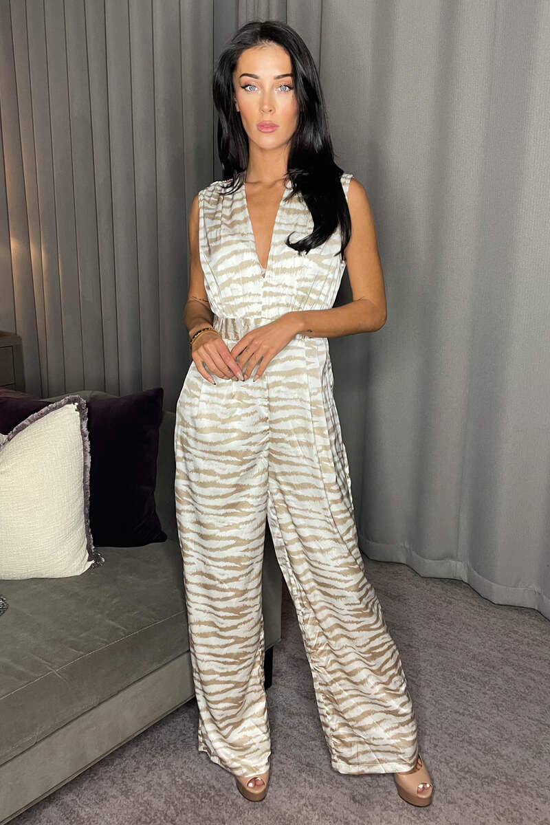 Stone Print V Neck Sleeveless Jumpsuit - Swimclubus