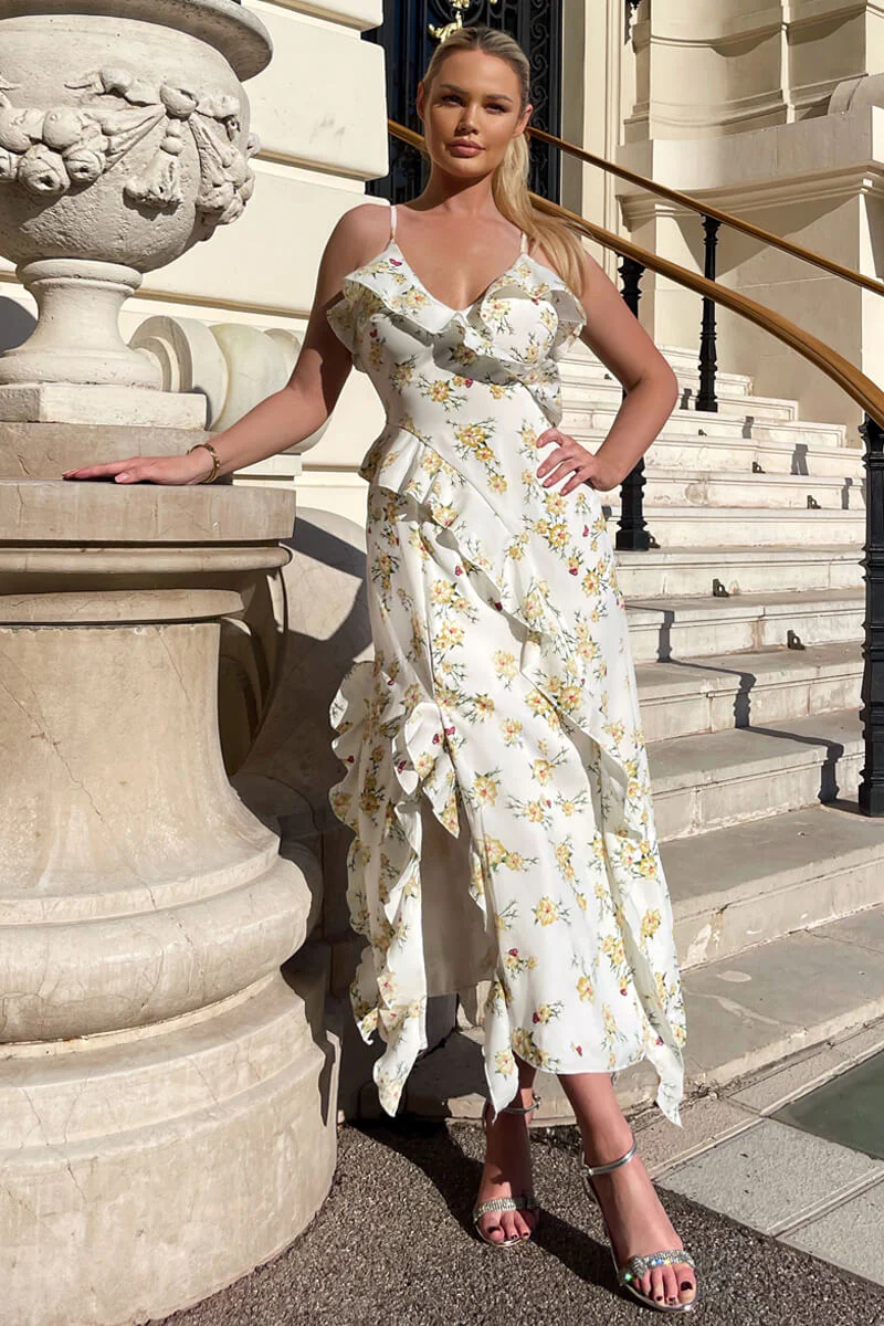 Cream Floral Printed Strappy Frill Hem Midi Dress - Swimclubus